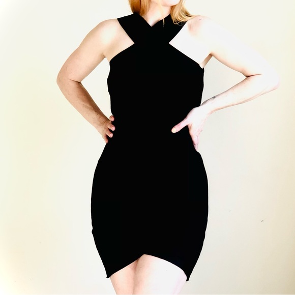 GUESS Black BodyCon Bandage Dress - Crossover Neck- LBD size Medium - Picture 1 of 6